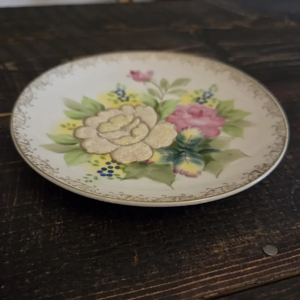 Vintage Wheelock Peoria Japan Raised Yellow Rose Pink Roses Collector Plate